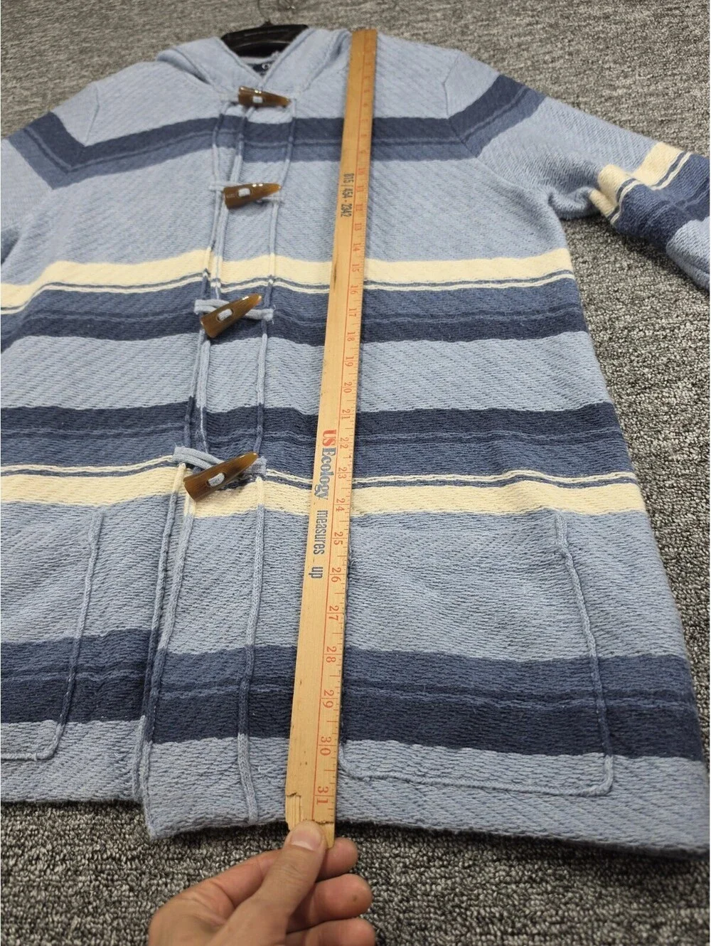 Chaps Denim Knit Cardigan Sweater Mens XL Blue Striped Hooded Toggle Long Sleeve
